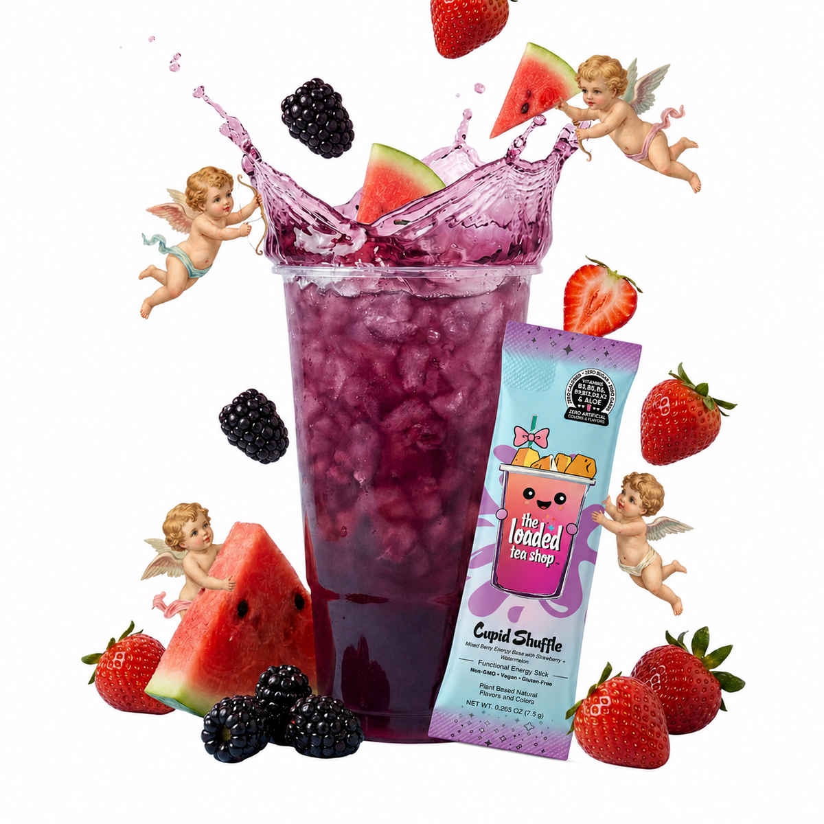 Loaded Tea Shop Cupid Shuffle energy drink mix packet with purple iced tea, strawberries, watermelon, blackberries and cupid decorations