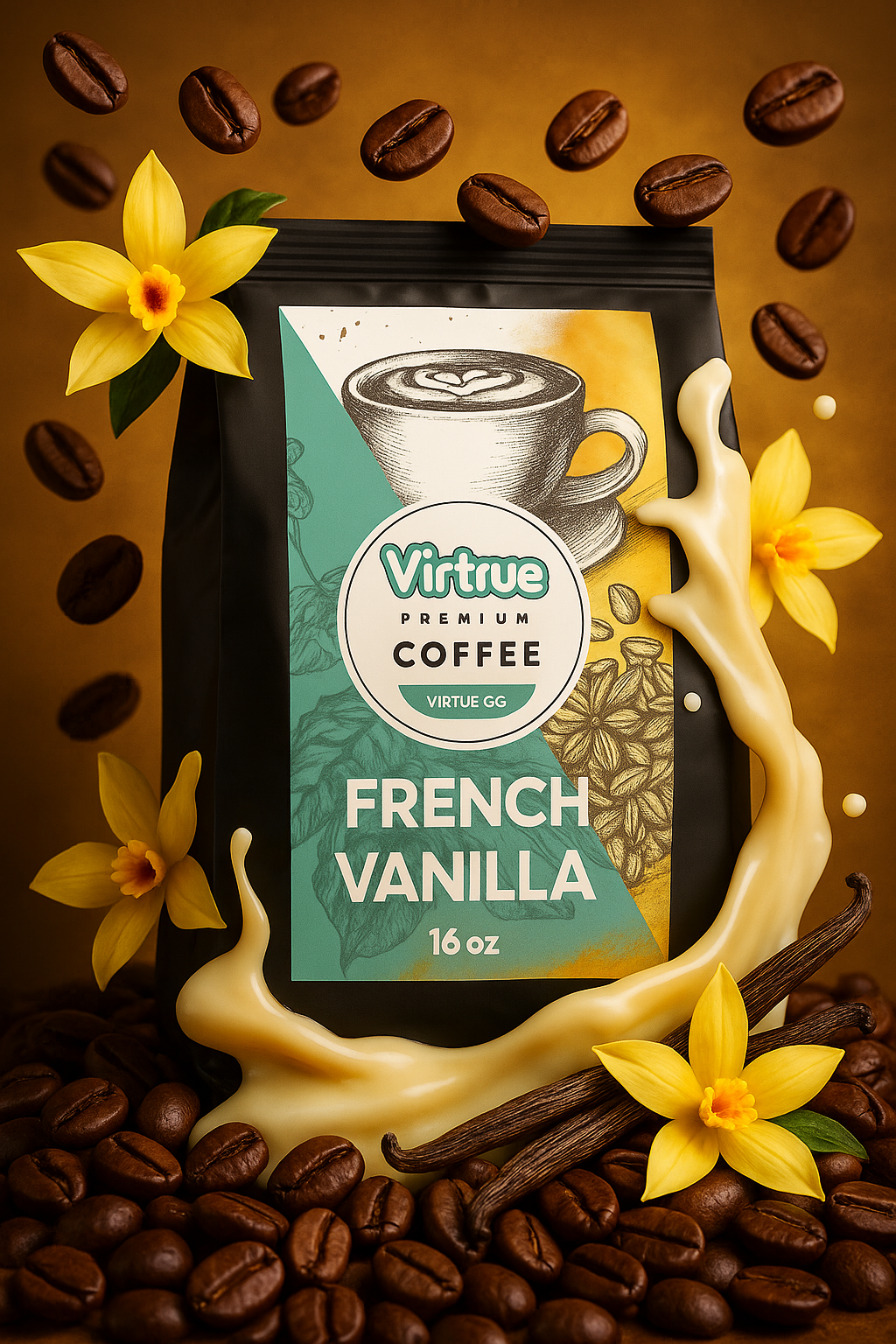Virtue French Vanilla Coffee packaging surrounded by coffee beans and flowers on a brown background