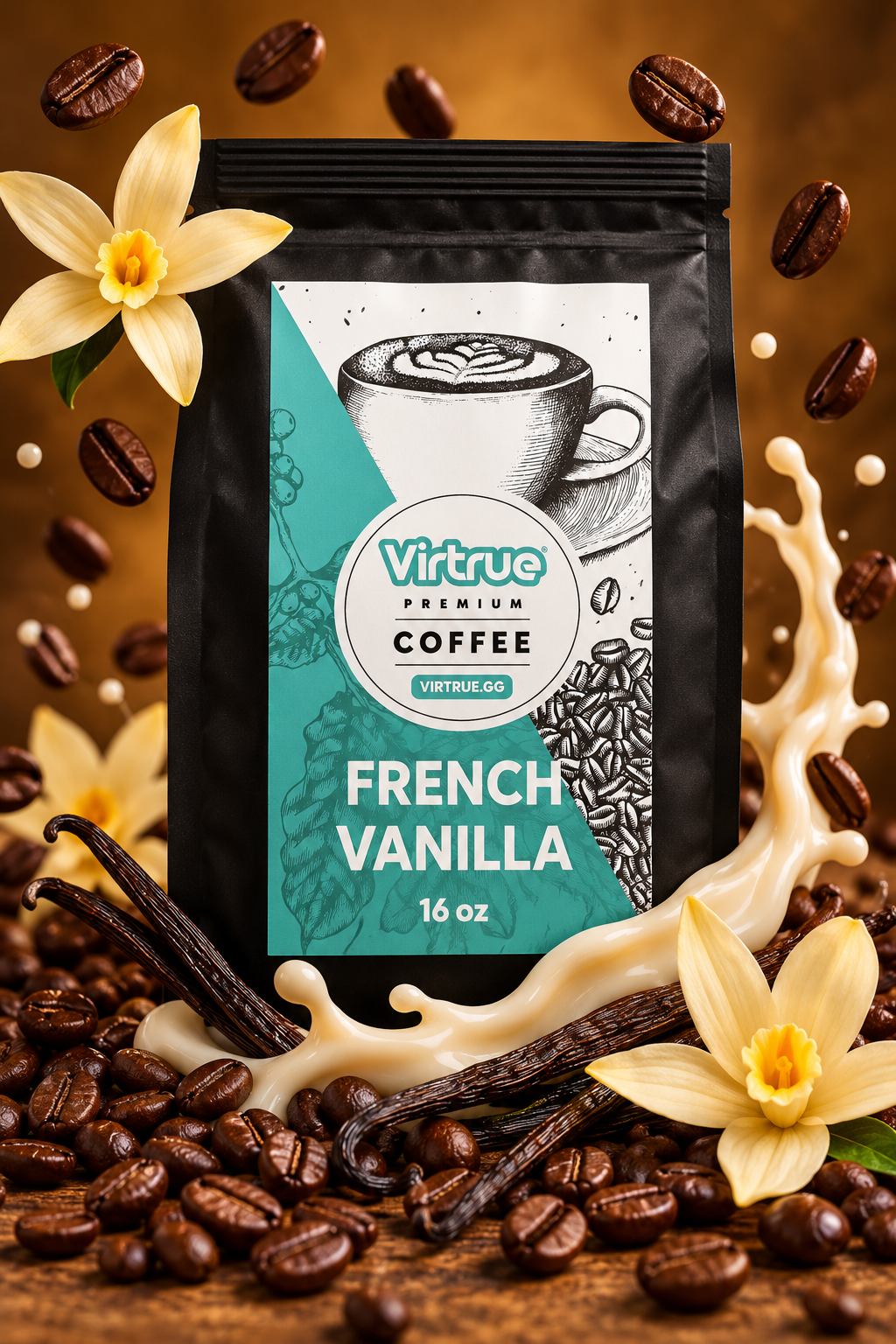 Virtue French Vanilla Coffee packaging surrounded by coffee beans and flowers on a brown background