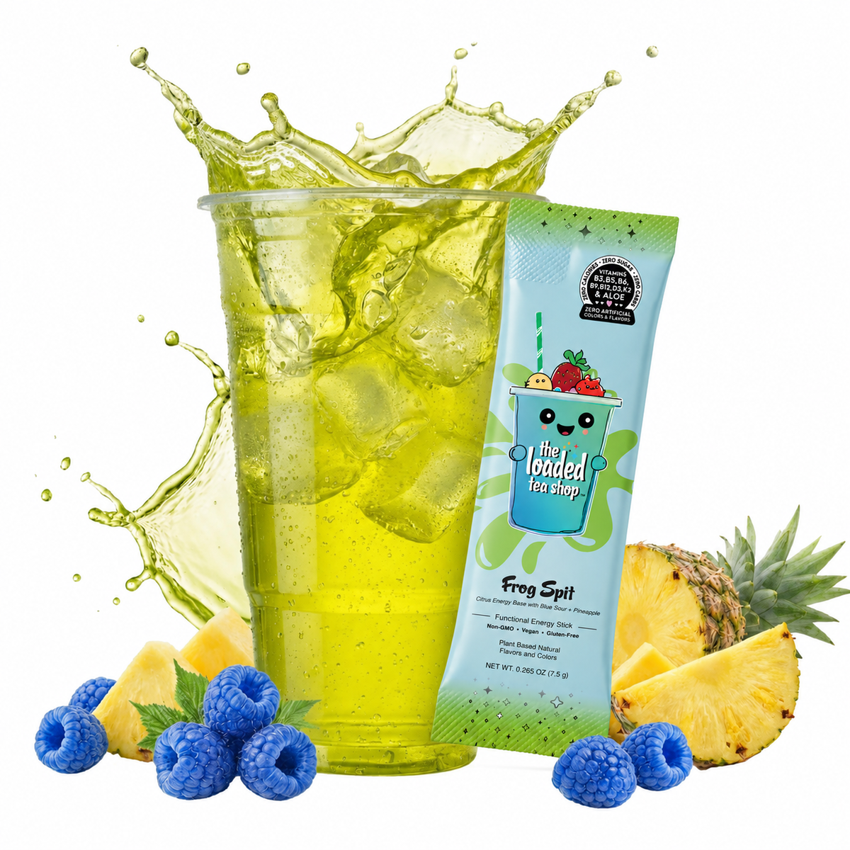 Loaded Tea Shop Frog Spit energy drink mix packet with green iced tea, pineapple and blueberries