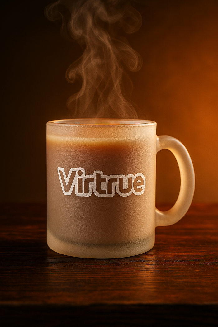 Steaming mug of coffee with 'Virtrue' logo on a wooden surface