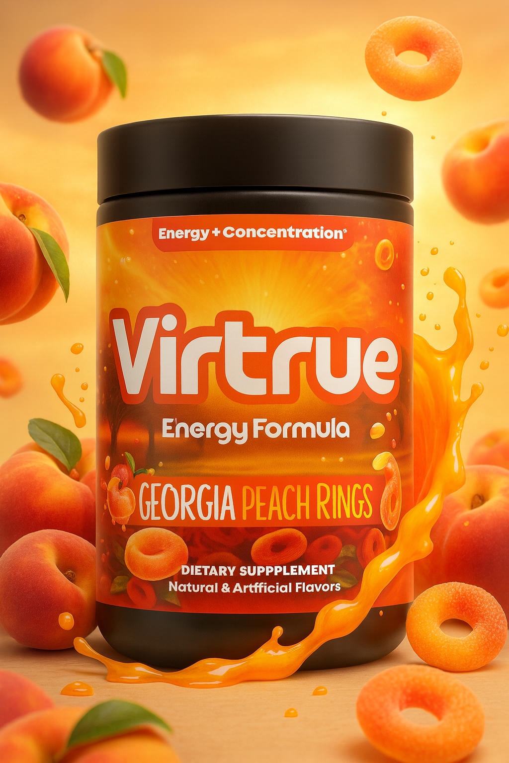 Virtrue Peach Rings Energy Formula supplement container with Georgia Peach Rings flavor on a peach-themed background