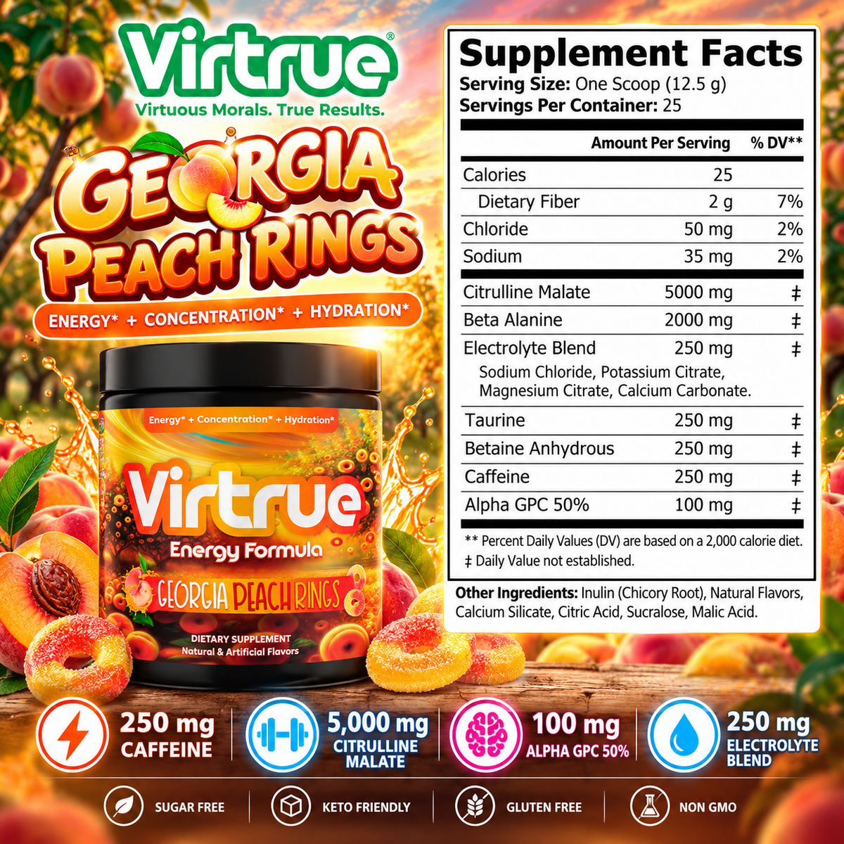 Georgia Peach Rings Pre-Workout Energy Powder + Focus Boost & Hydration | Sugar Free