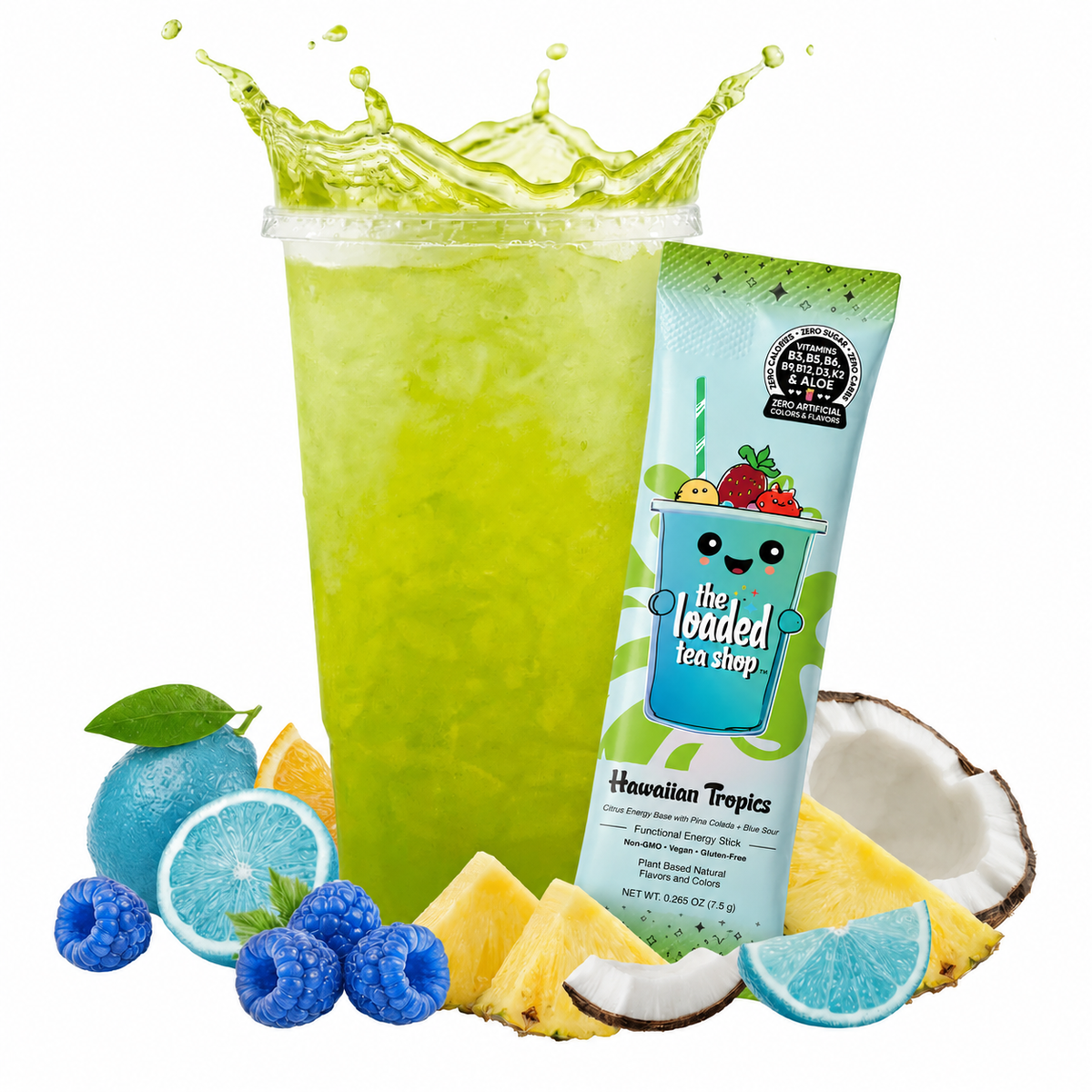 Loaded Tea Shop Hawaiian Tropics energy drink mix packet with green iced tea, coconut, pineapple, blueberries and citrus