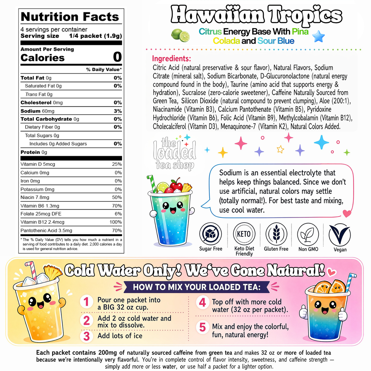 Hawaiian Tropics loaded tea nutrition facts, ingredients, caffeine content and preparation instructions