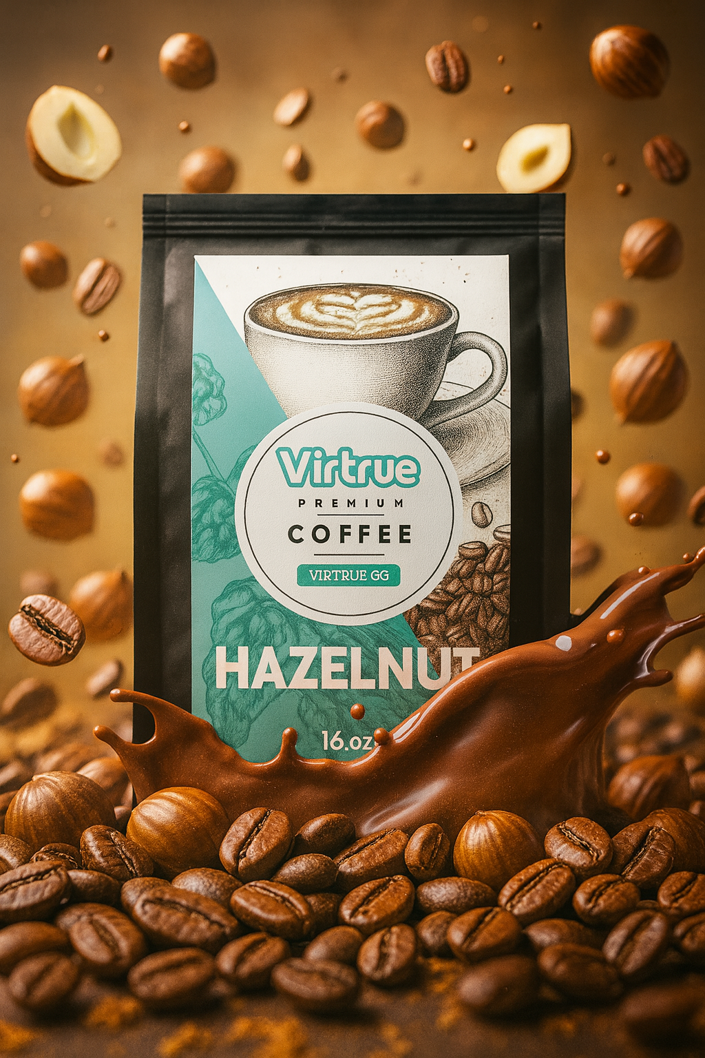 Virtrue Hazelnut coffee package with hazelnuts and chocolate on a brown background
