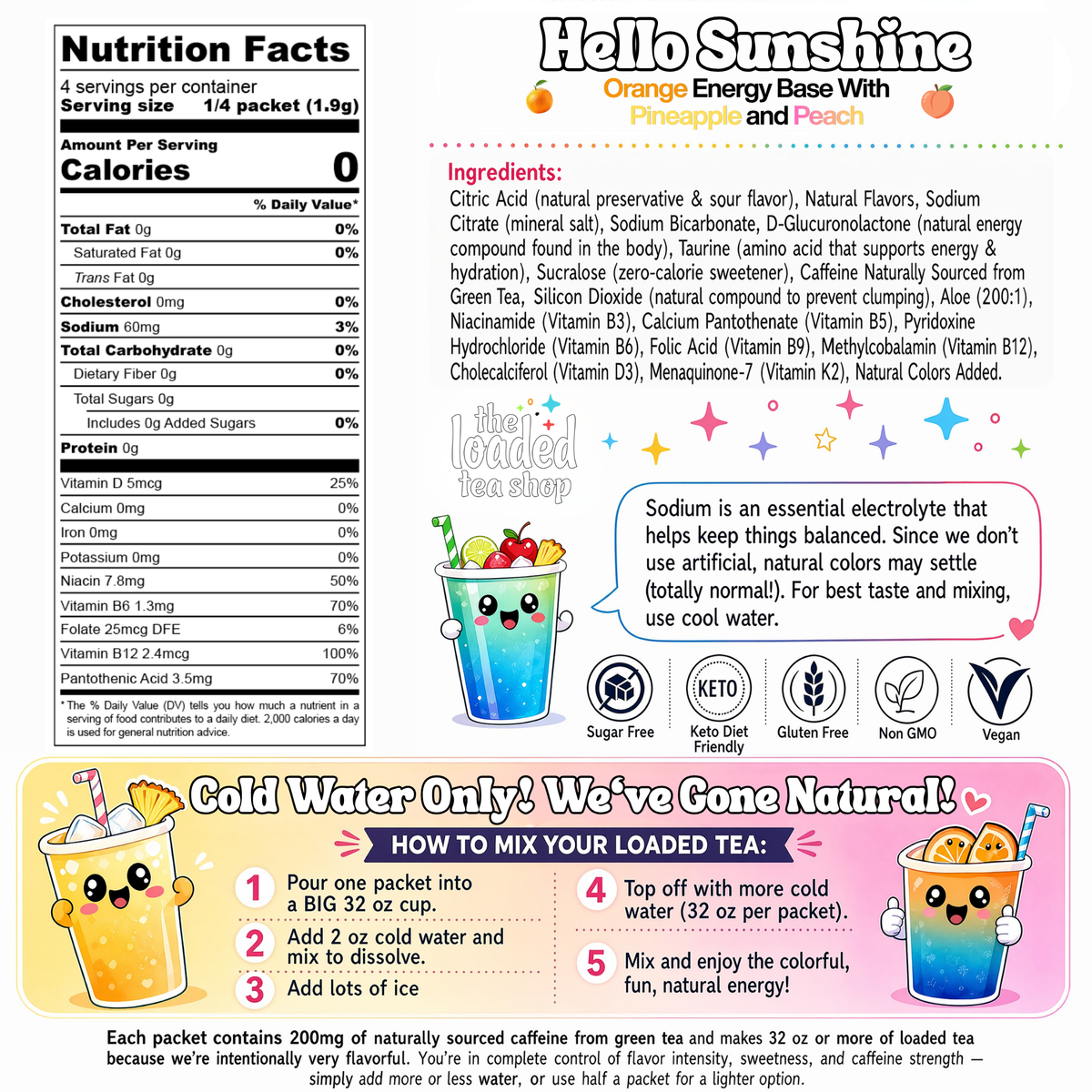Hello Sunshine loaded tea nutrition facts, ingredients, caffeine content and preparation instructions