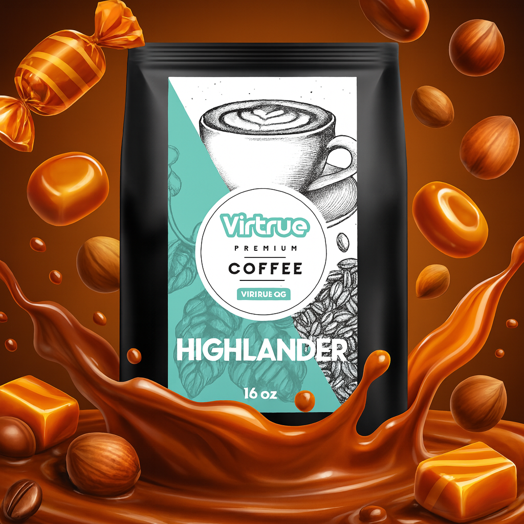 Virtue Highlander Coffee package surrounded by coffee beans and a coffee splash on a brown background