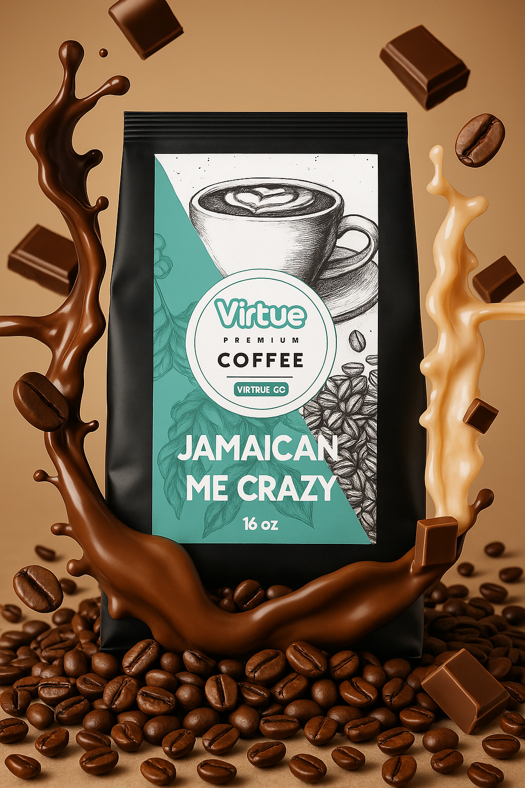 Virtrue Jamaican Me Crazy Coffee bag with coffee beans and chocolate around it on a brown background