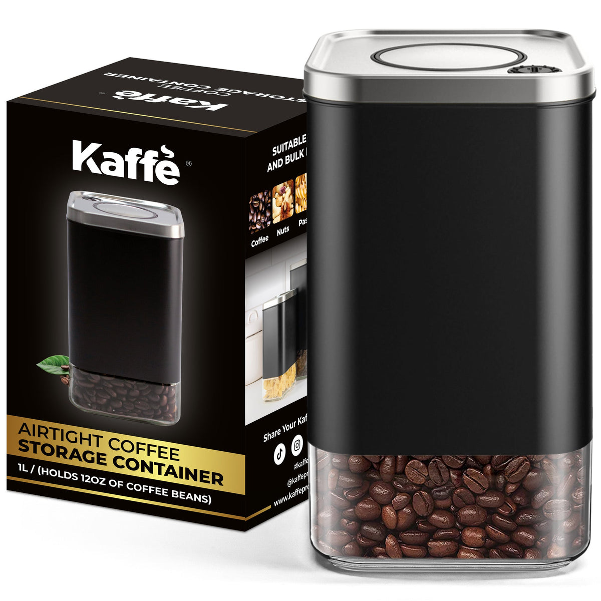 Kaffé square glass coffee storage canister with retail packaging and coffee beans inside