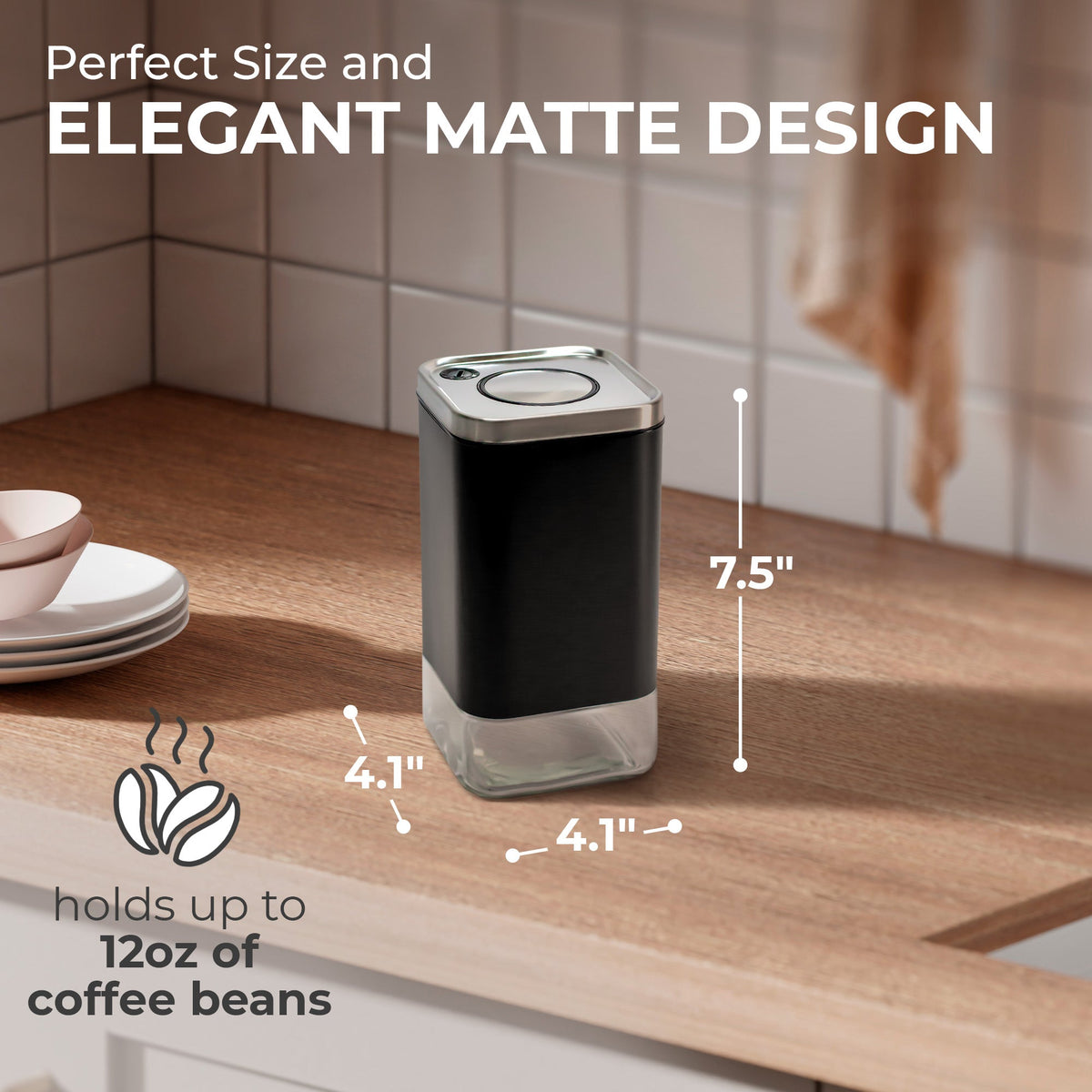 Kaffé 12oz square coffee container showing compact dimensions and black stainless steel design