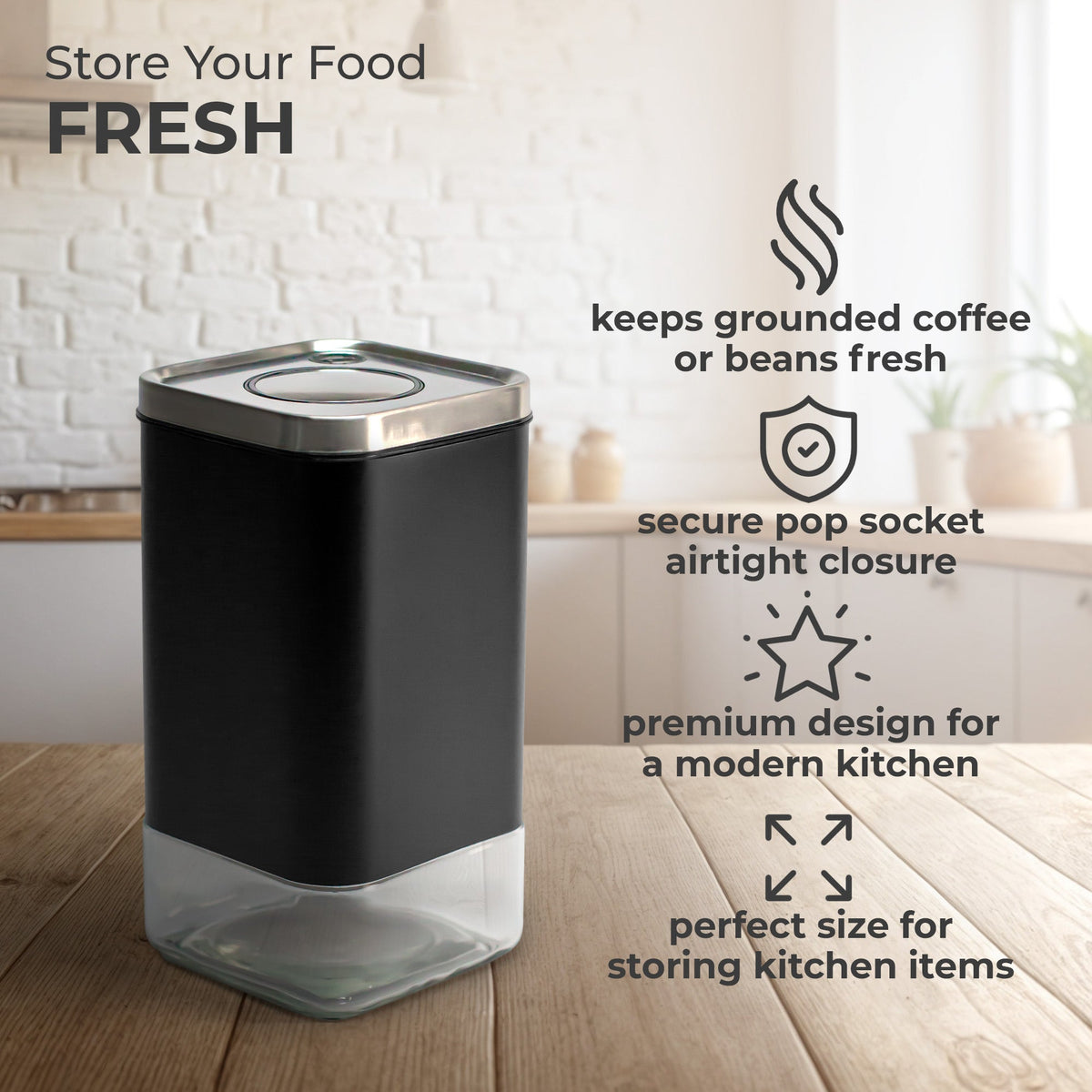 Kaffé airtight coffee canister highlighting its sealing lid and food storage construction