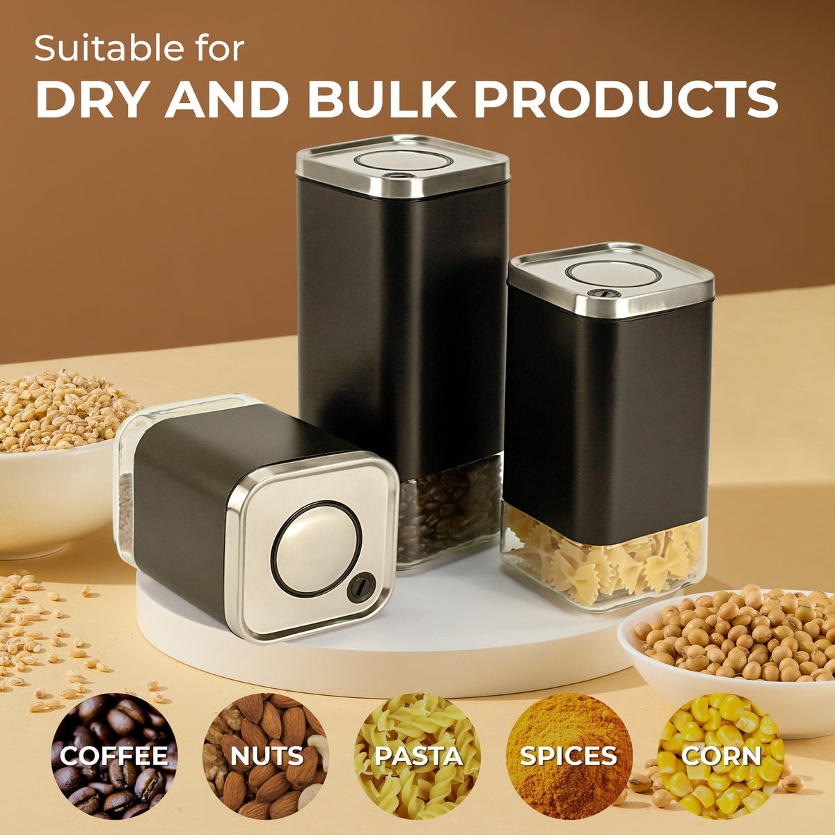 Kaffé glass and stainless steel container for storing coffee beans, tea, grains and dry pantry ingredients