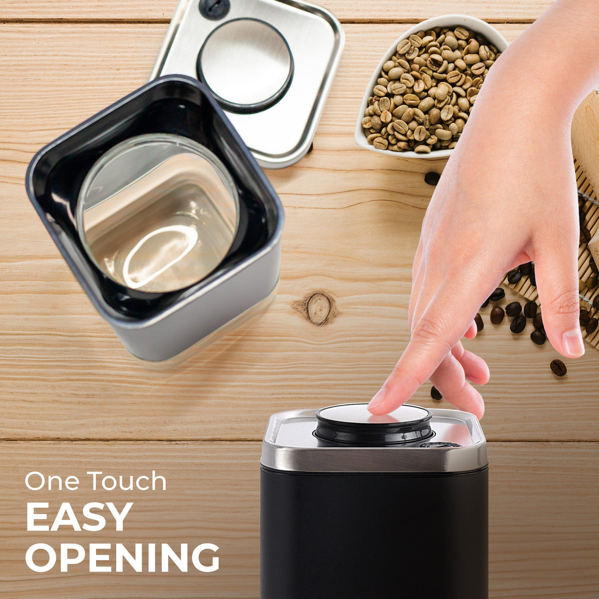 Kaffé square coffee storage container with one-touch lid being opened to access dry ingredients