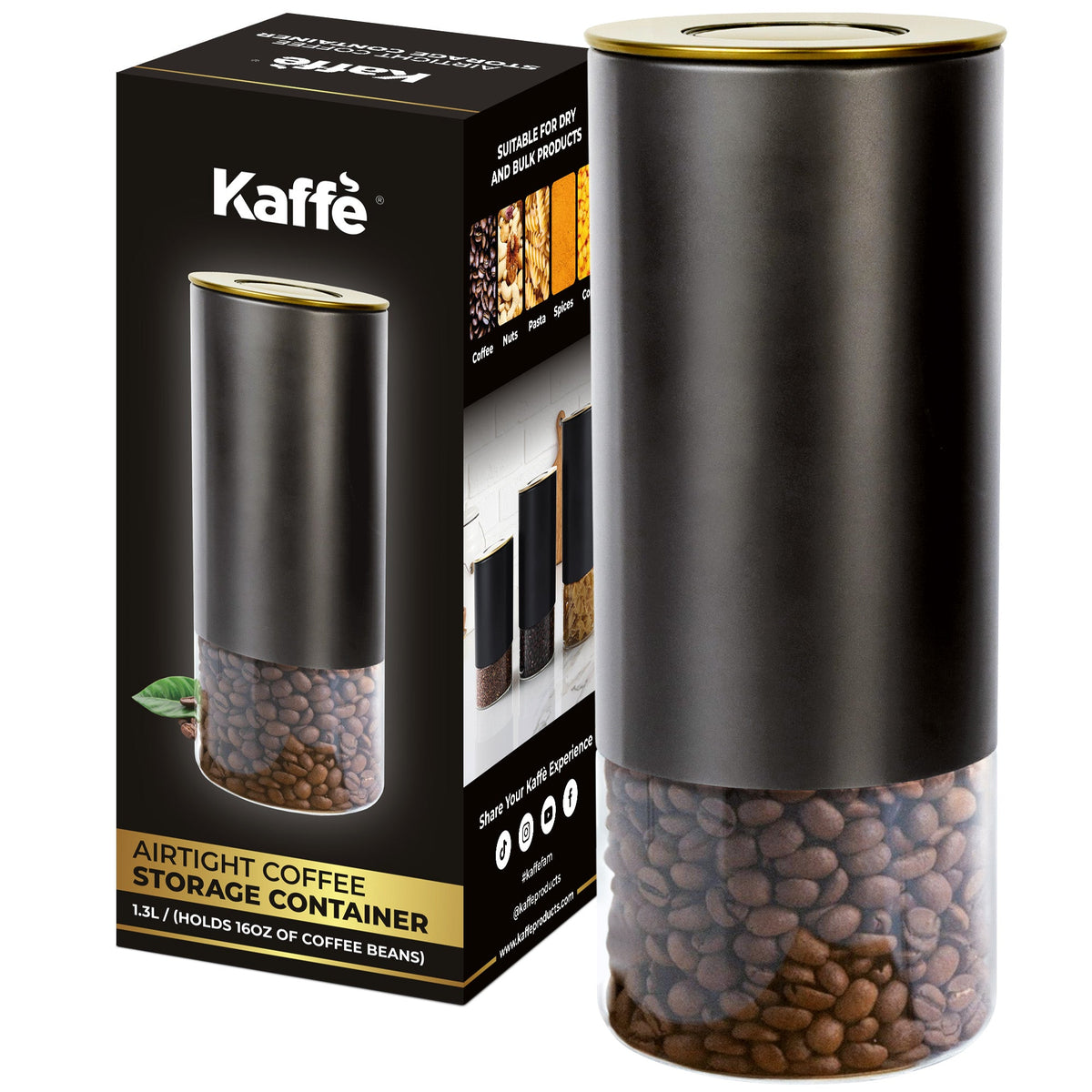 Kaffé 16oz glass coffee storage canister displayed with retail packaging and coffee beans