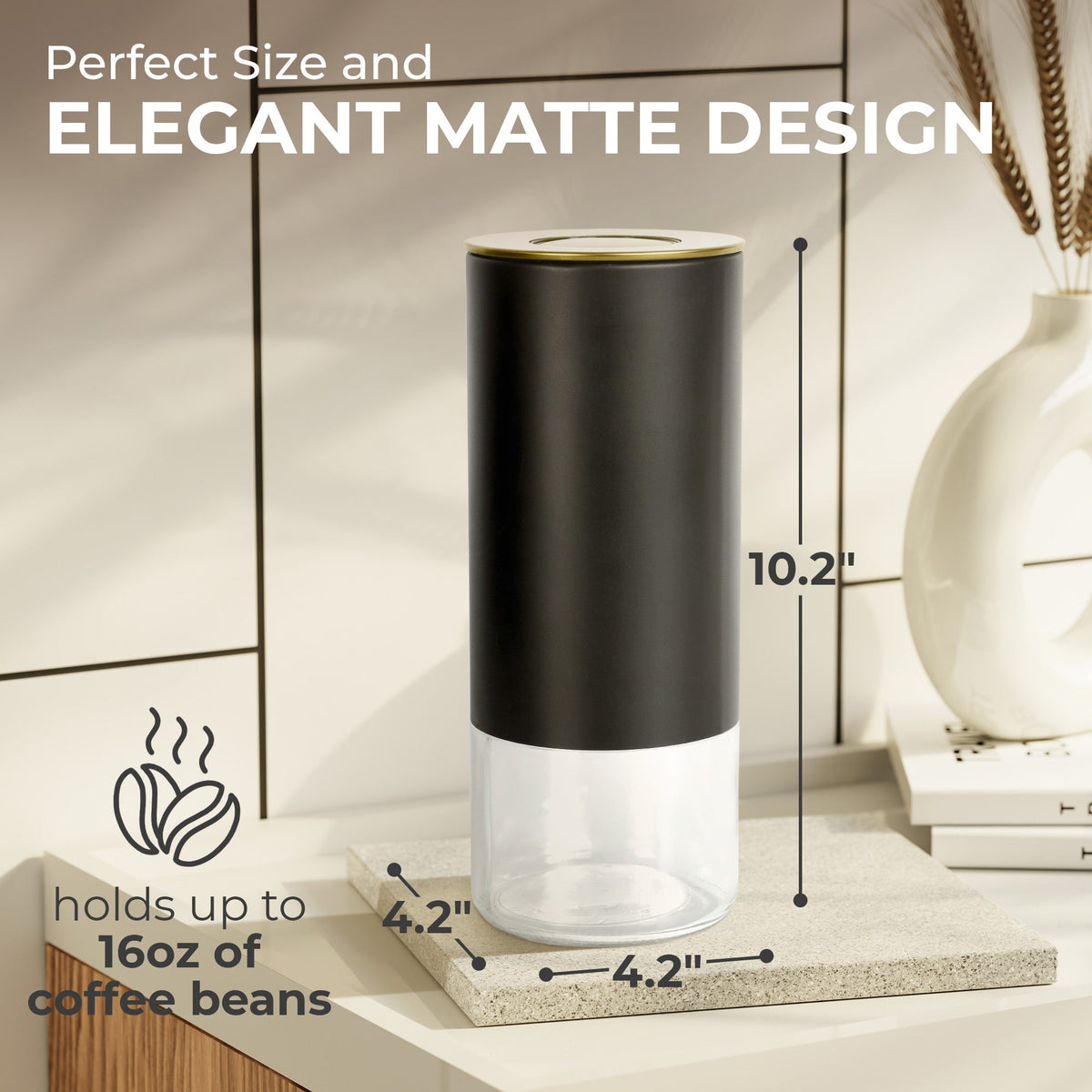Kaffé round coffee storage container showing tall cylindrical design and product dimensions