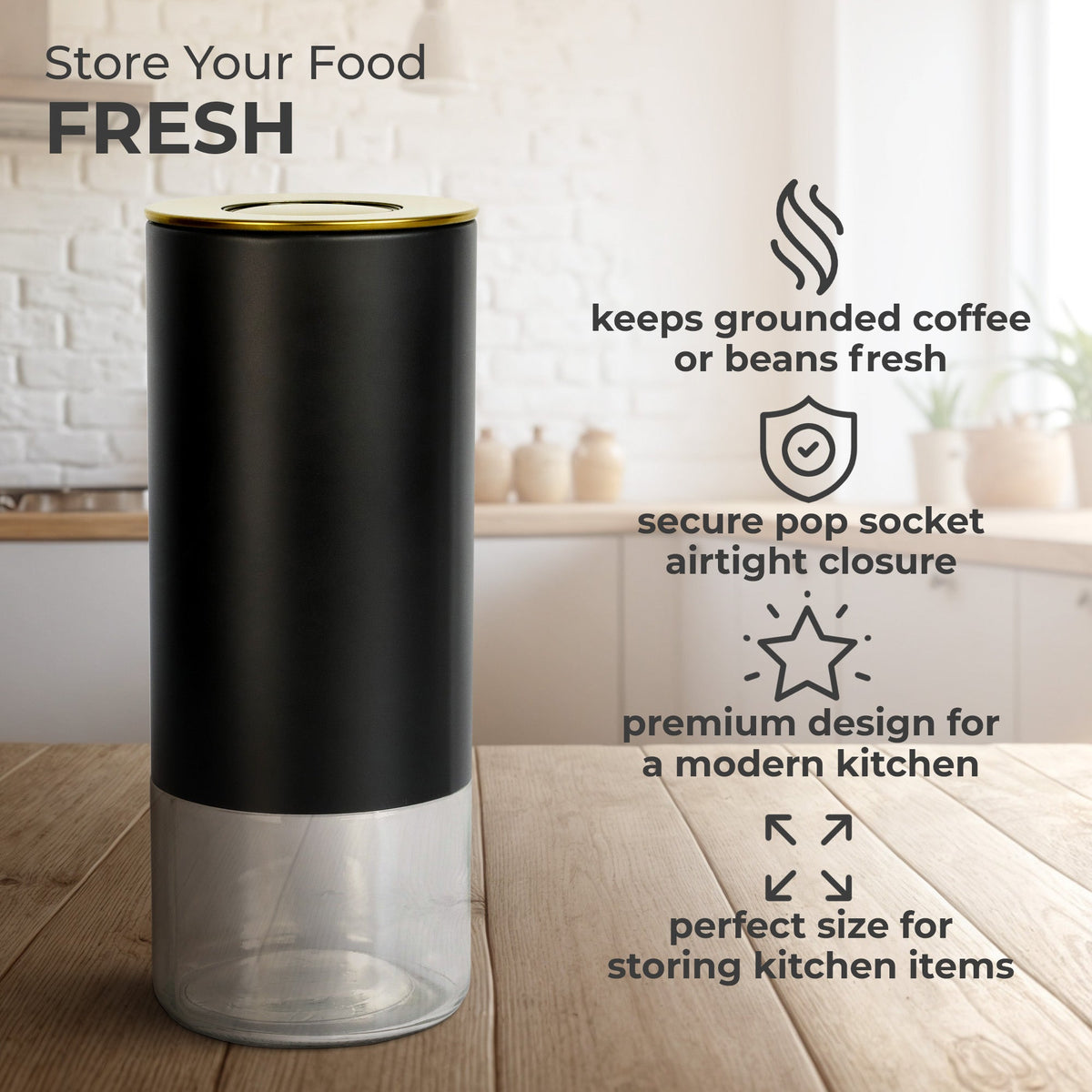 Kaffé airtight coffee canister highlighting stainless steel construction and sealed storage design