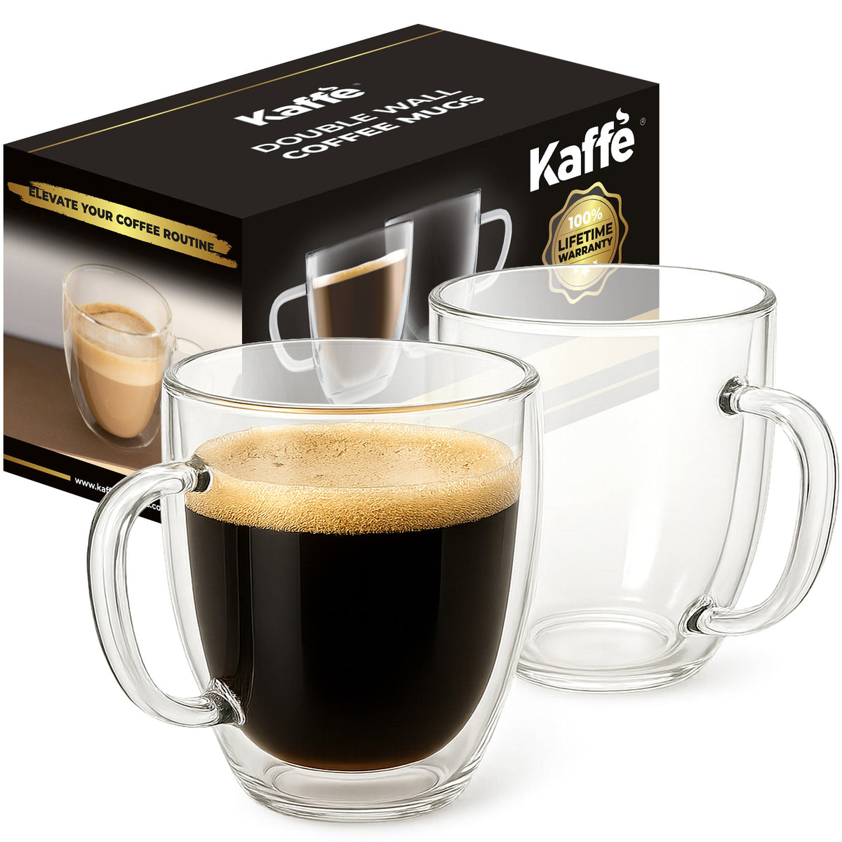 Kaffé 16oz double wall glass coffee mugs filled with coffee beside retail packaging