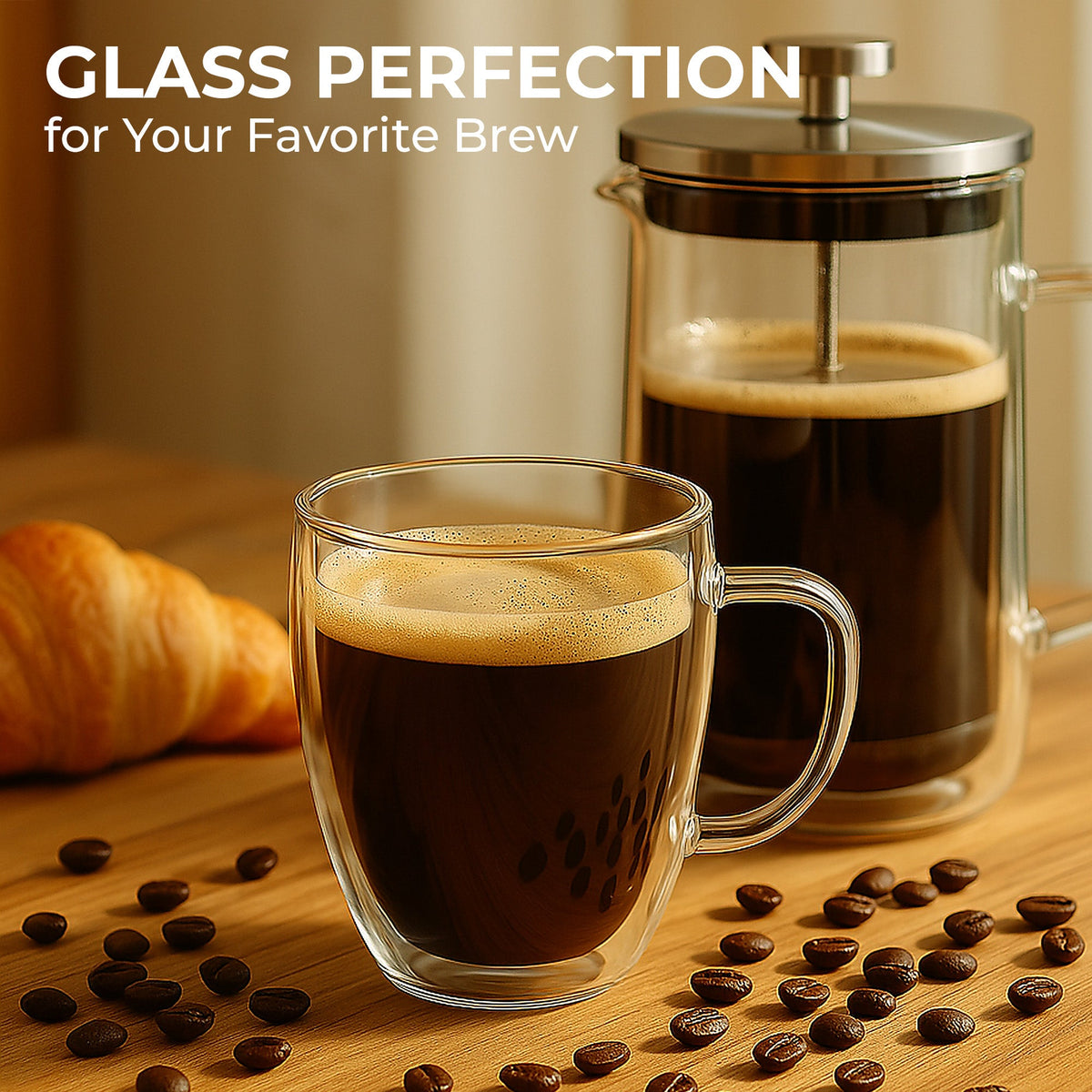 Two Kaffé double wall glass coffee mugs filled with fresh coffee on a wooden table with coffee beans