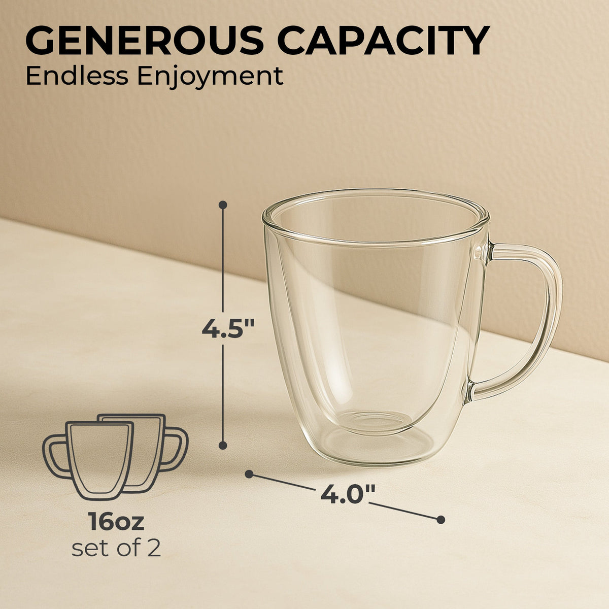 Kaffé 16oz double wall glass coffee mug infographic showing capacity and dimensions