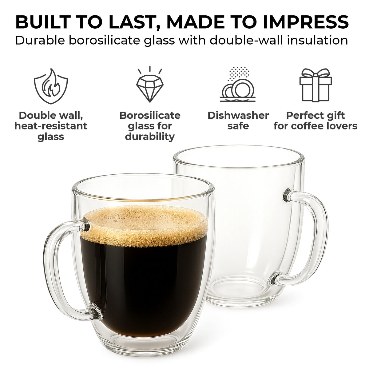 Kaffé double wall borosilicate glass coffee mugs with insulated construction and clear handles