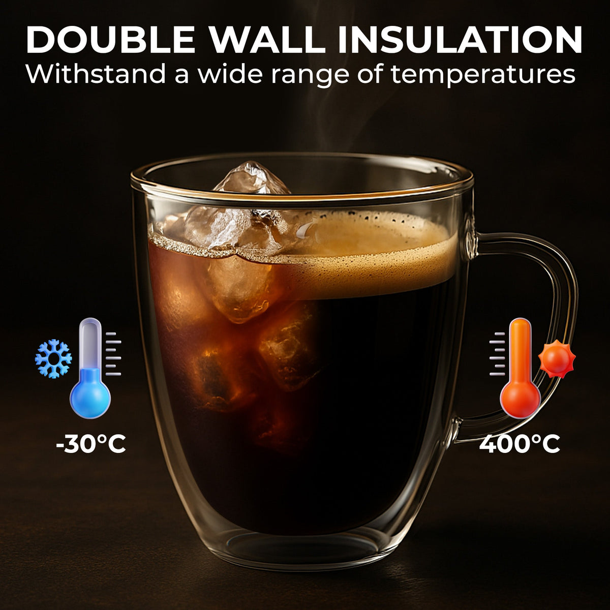 Kaffé double wall glass coffee mug showing insulation for hot coffee and iced beverages
