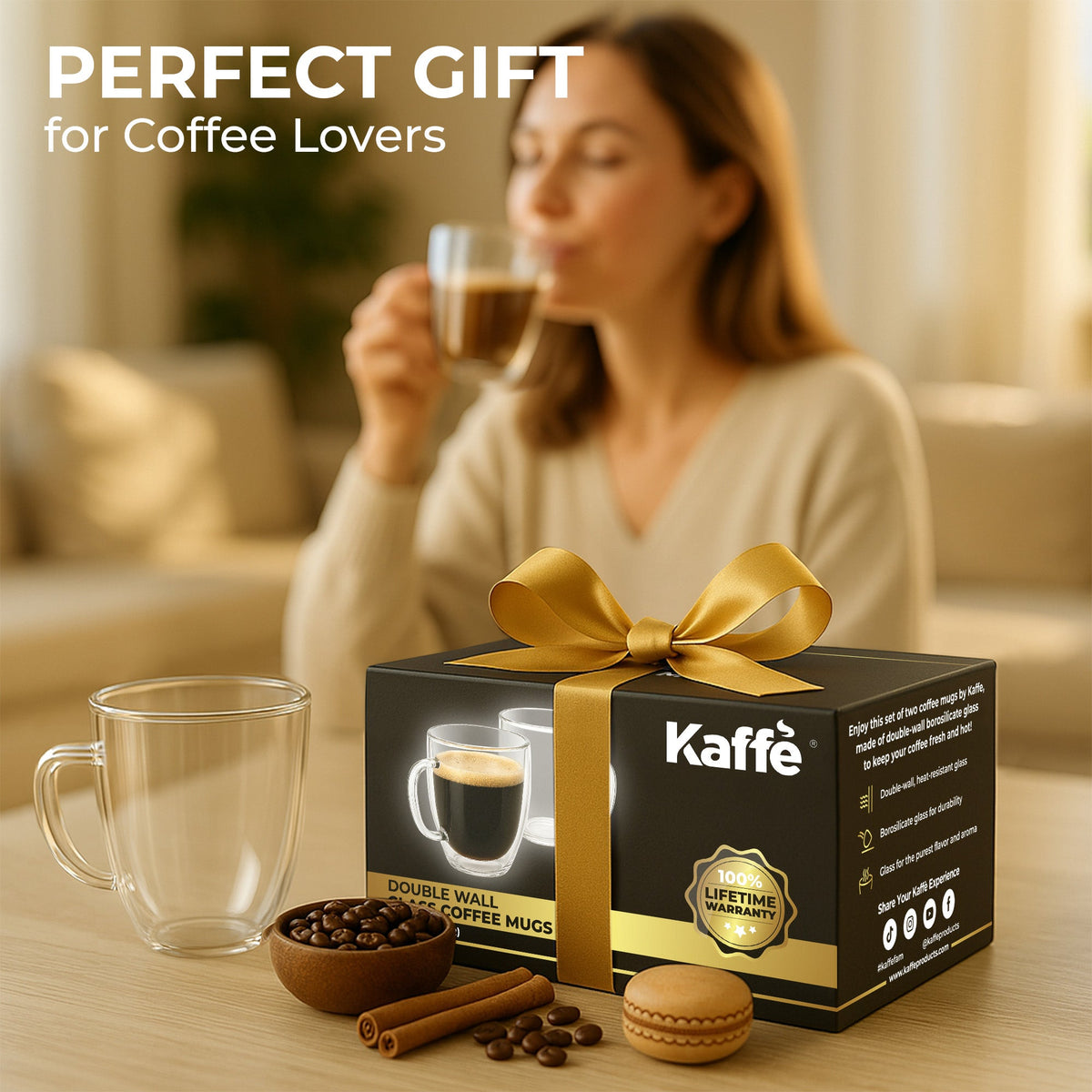 Kaffé double wall glass coffee mug set of two displayed with product packaging as a coffee gift
