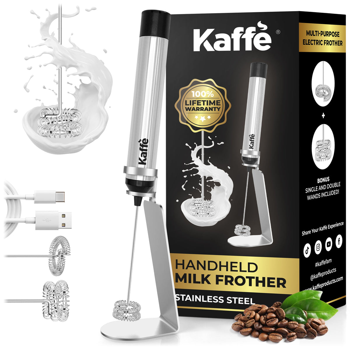 Kaffé handheld electric milk frother with retail packaging, whisk attachments, USB cable and stand