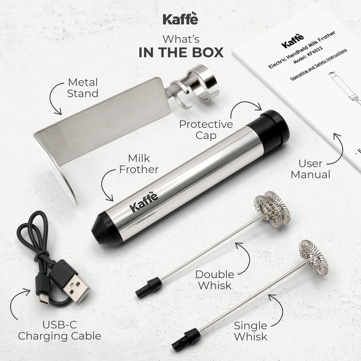 Kaffé KF6022 rechargeable milk frother showing stainless steel whisk attachments and included accessories