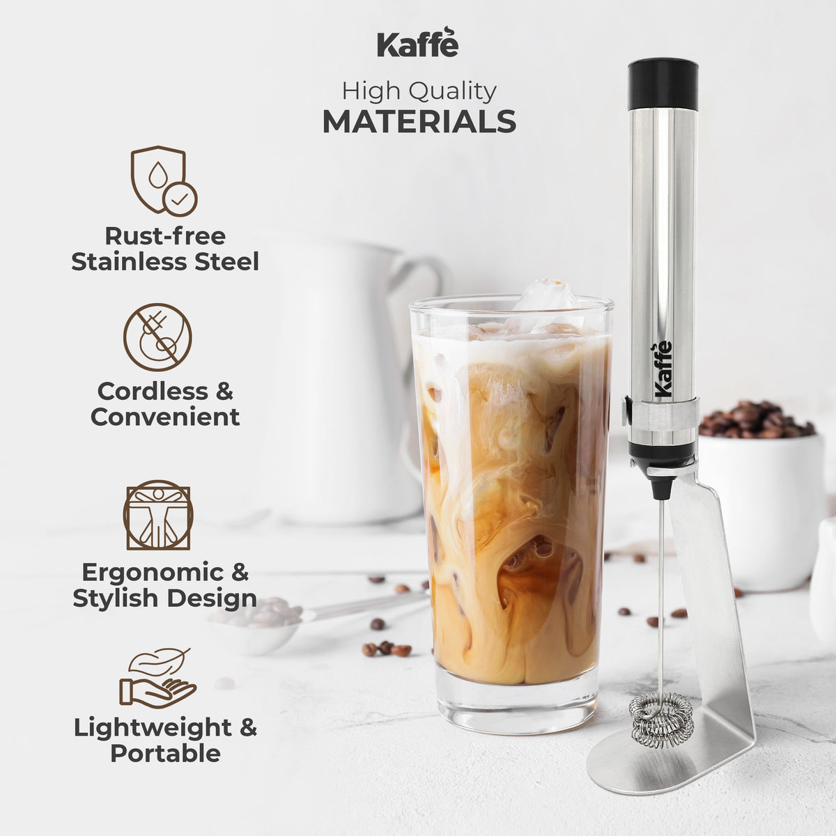 Kaffé handheld milk frother with stainless steel whisk and USB rechargeable design