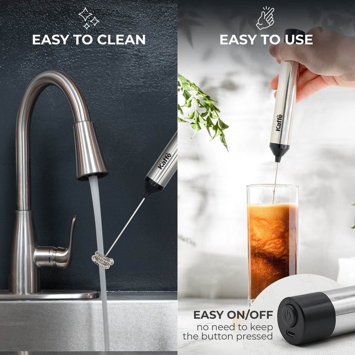 Kaffé handheld milk frother whisk being rinsed under running water for easy cleaning