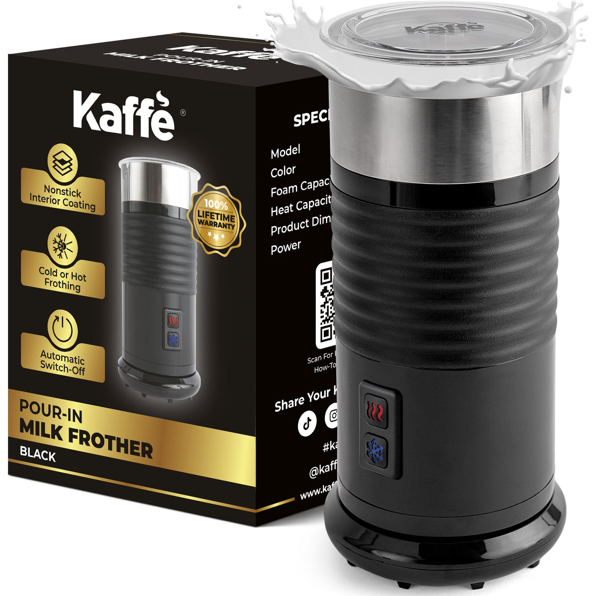 Kaffé electric milk frother KF6061 shown with retail packaging and stainless steel interior