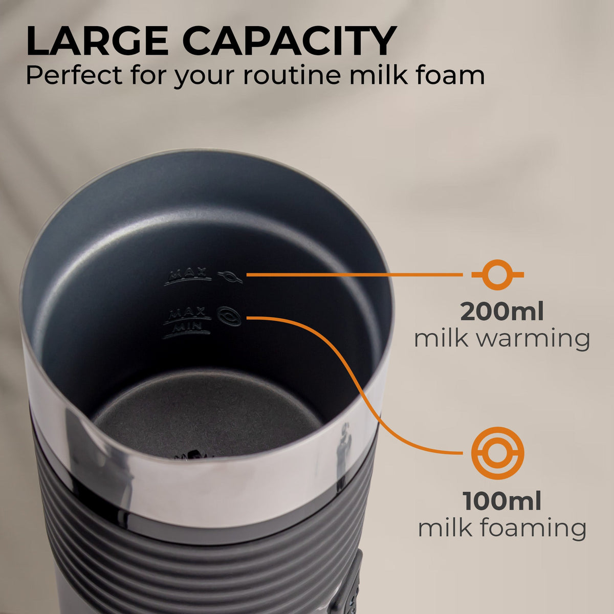 Kaffé milk frother interior showing 200ml milk warming and 100ml frothing capacity