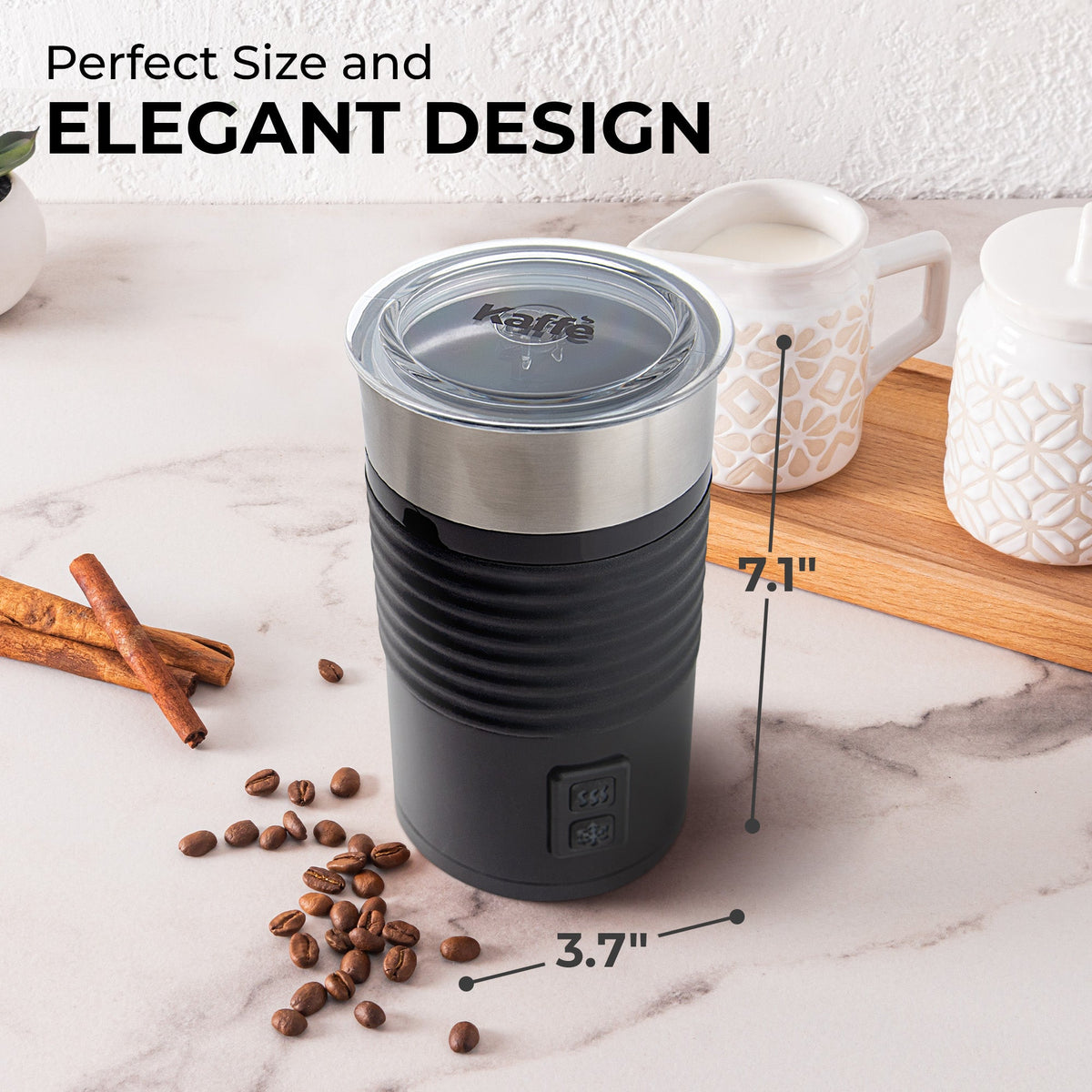 Compact black Kaffé electric milk frother with stainless steel interior and silicone base