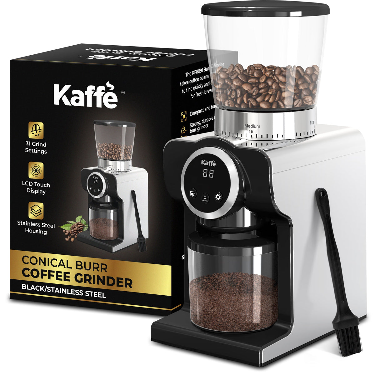 Kaffé conical burr coffee grinder displayed with retail packaging and coffee bean hopper