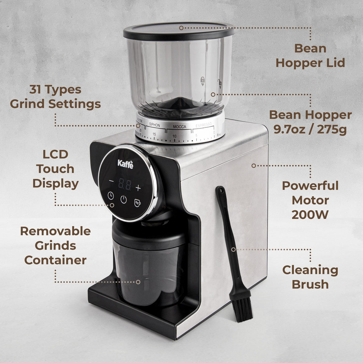 Kaffé electric conical burr coffee grinder showing bean hopper, digital controls, and grounds container