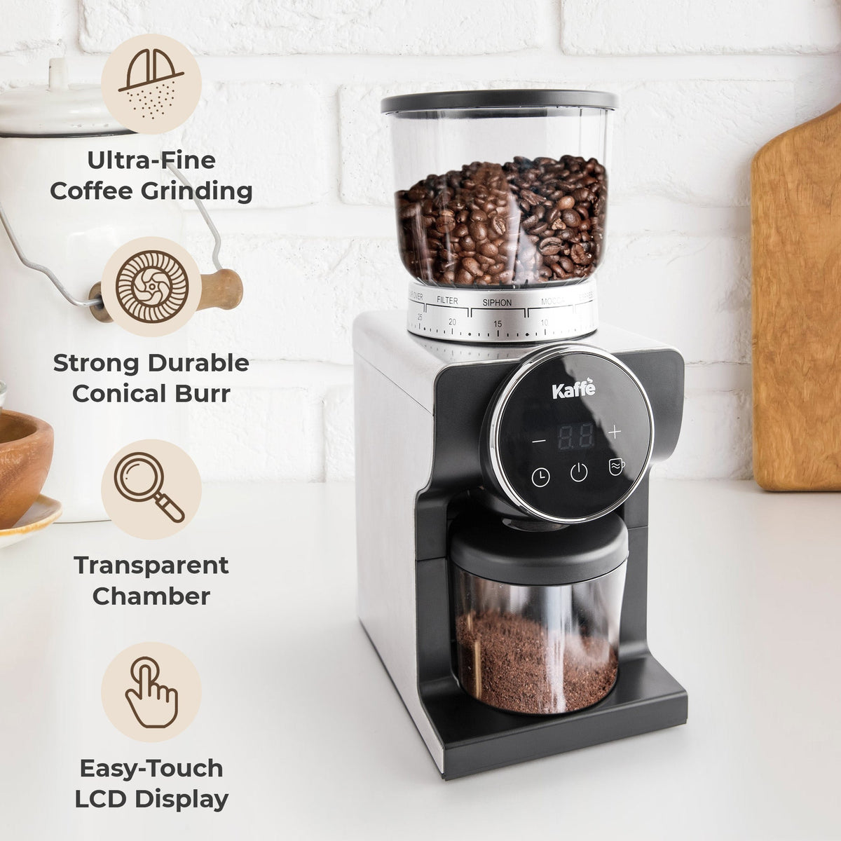 Kaffé conical burr grinder with adjustable settings for different coffee brewing methods