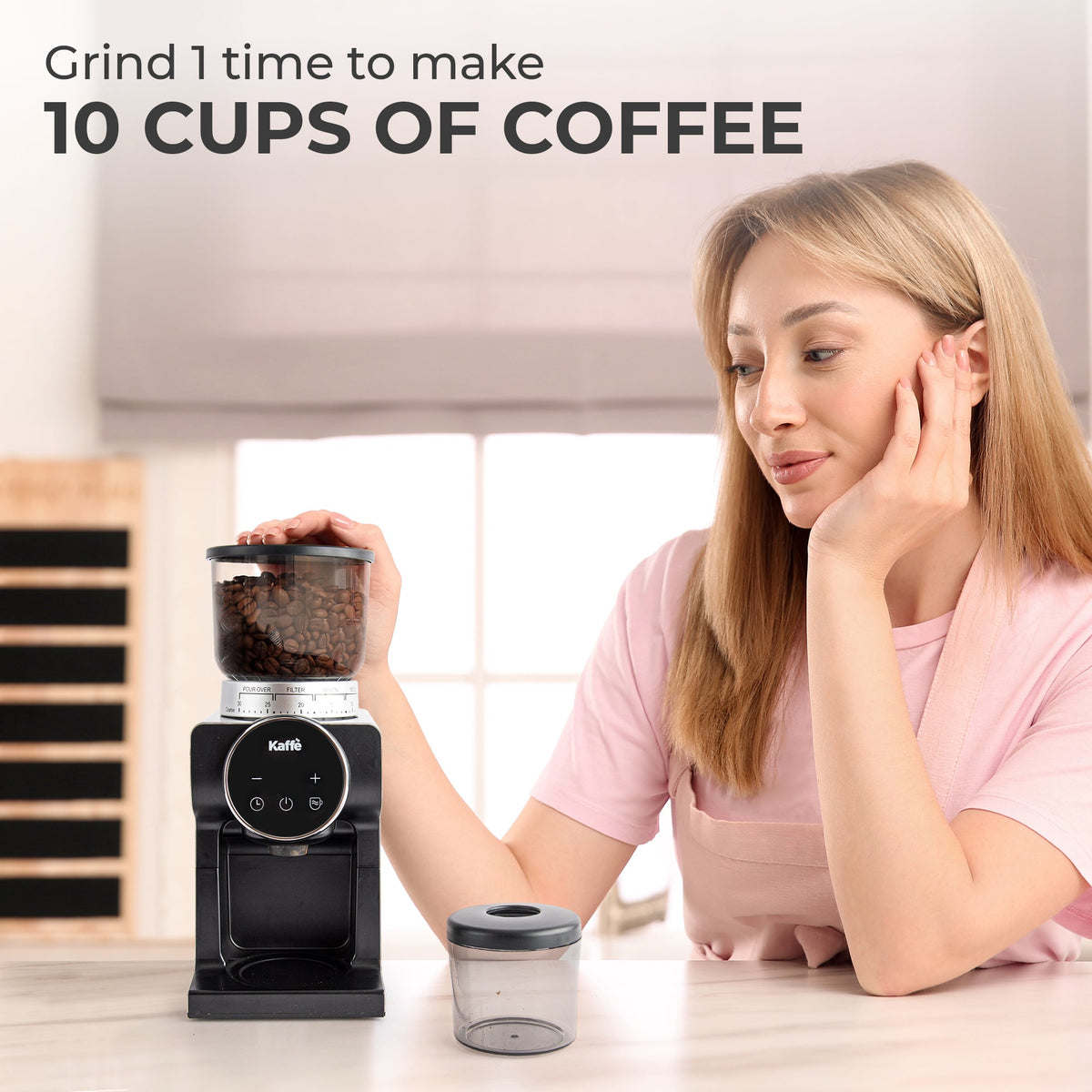 Kaffé conical burr coffee grinder with digital controls for preparing freshly ground coffee