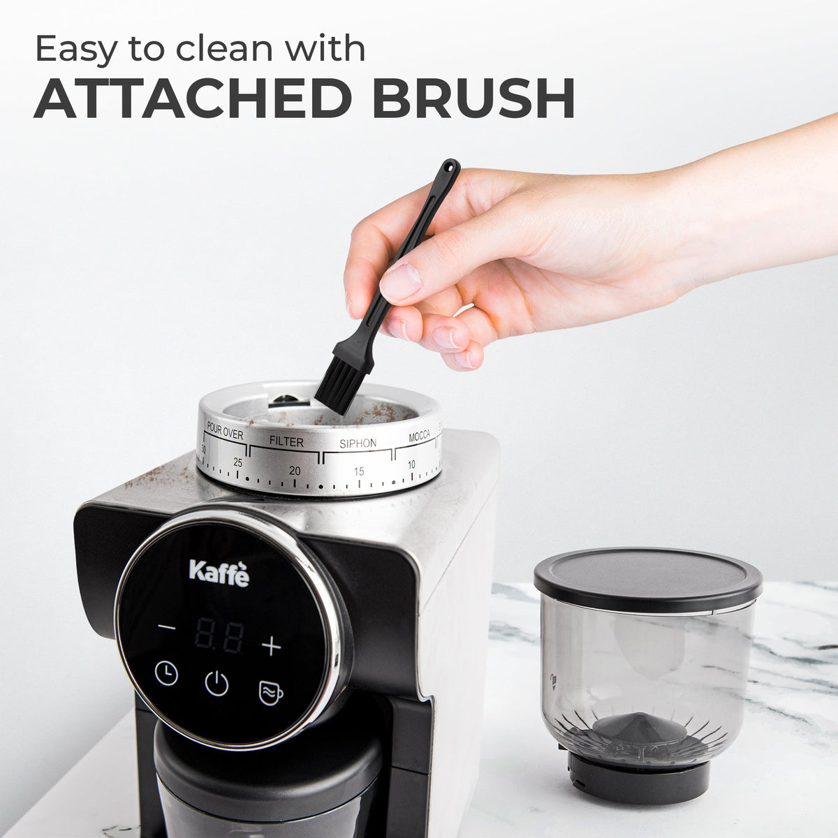 Kaffé coffee grinder with removable upper burr and included cleaning brush