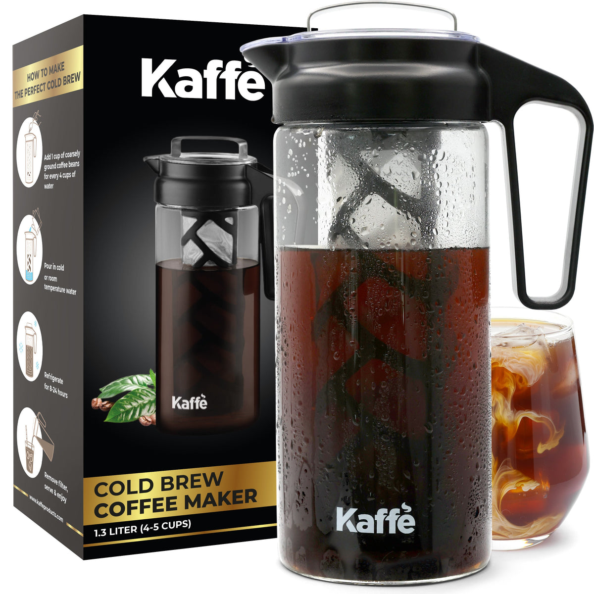 Kaffé cold brew coffee maker displayed beside retail packaging with iced coffee inside the pitcher