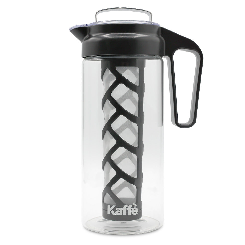 Kaffé 44oz cold brew coffee maker pitcher with reusable mesh filter, black handle and clear body