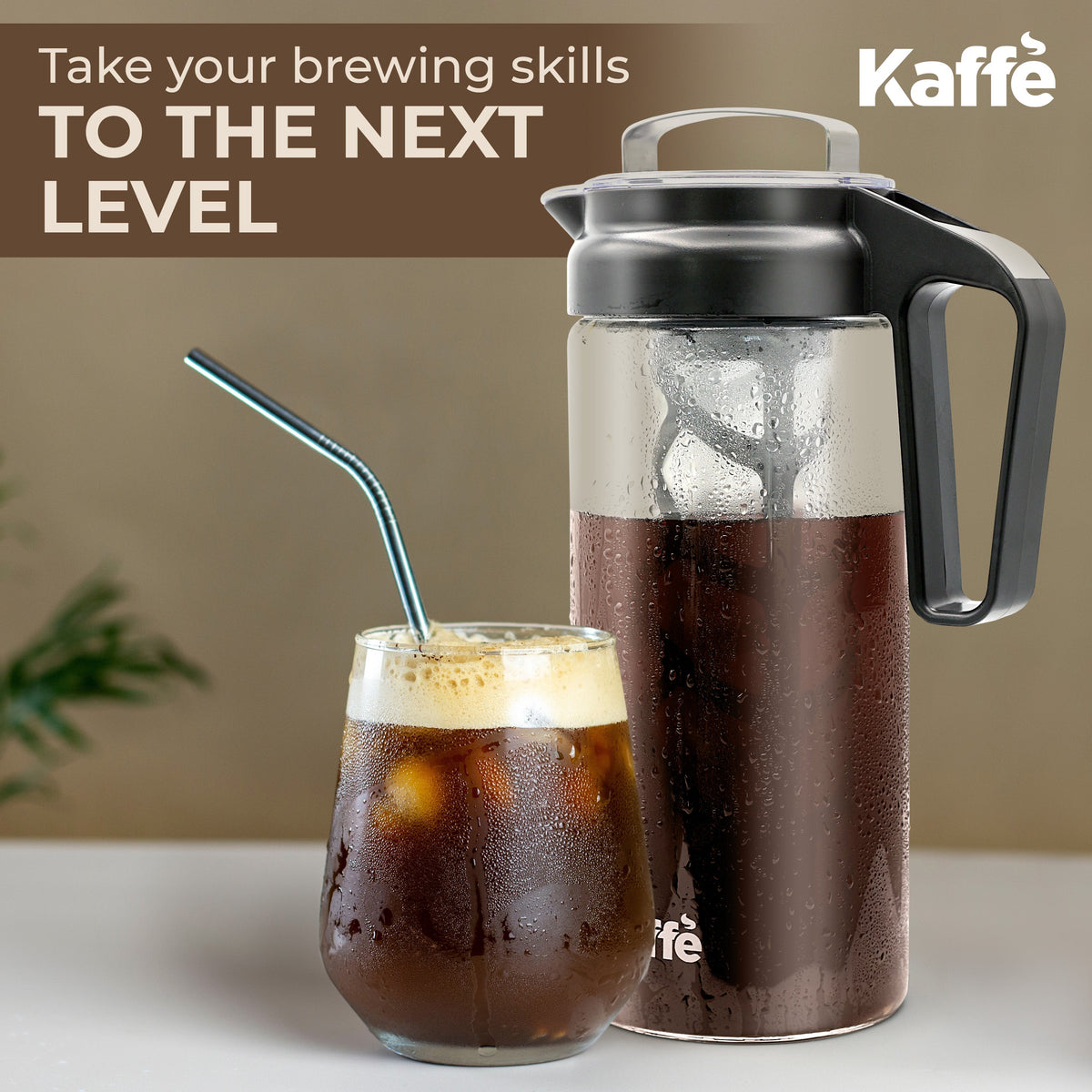 Kaffé cold brew coffee pitcher with freshly prepared iced coffee served in a glass