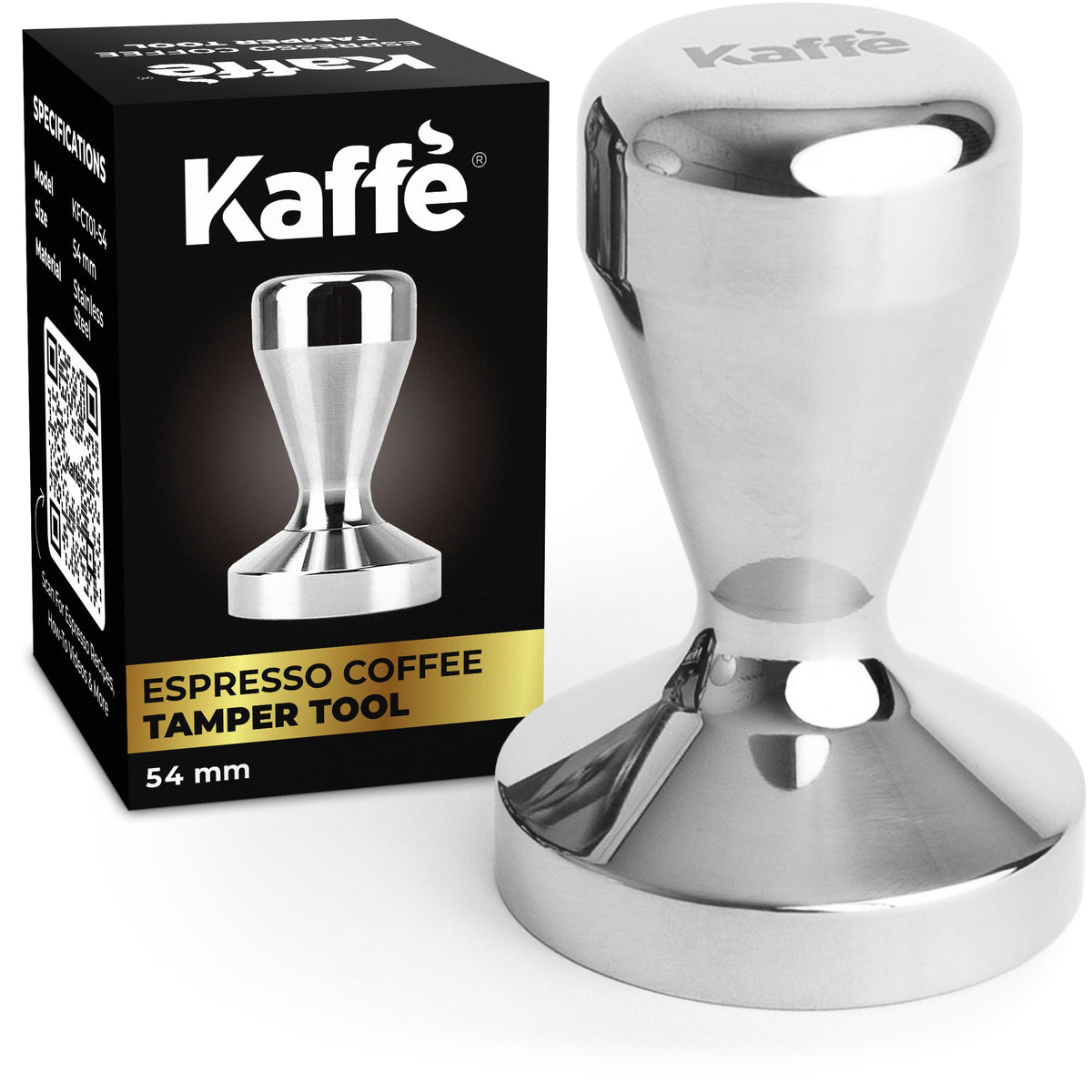 Kaffé stainless steel espresso tamper displayed beside its retail packaging