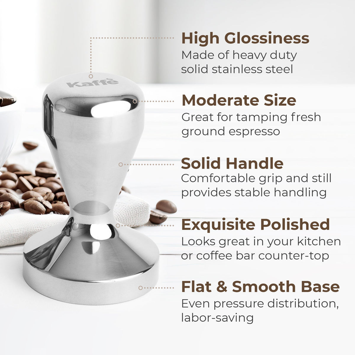 Kaffé espresso tamper showing ergonomic handle, stainless steel construction and flat tamping base