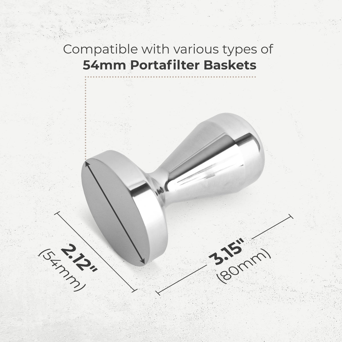 Kaffé 54mm espresso tamper with illustrated measurements and polished stainless steel design
