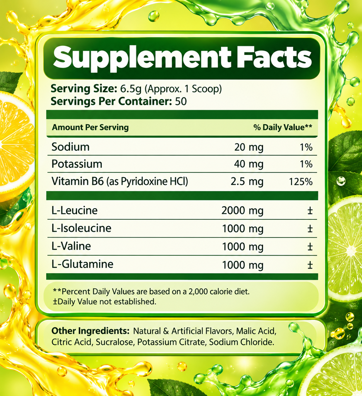 Virtrue Lemon Lime BCAA Supplement Facts