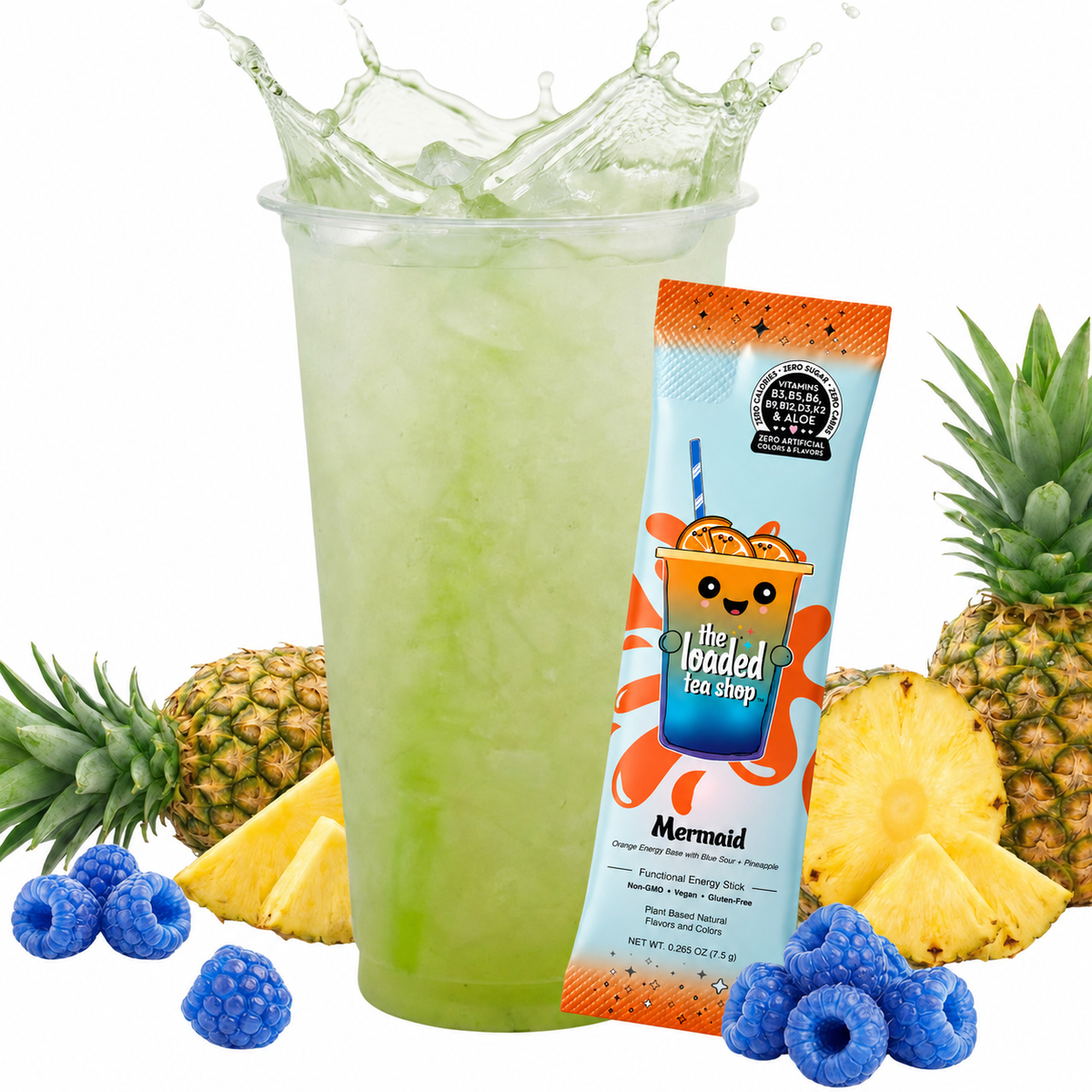 Loaded Tea Shop Mermaid energy drink mix packet with green iced tea, pineapple and blue raspberry-inspired fruit