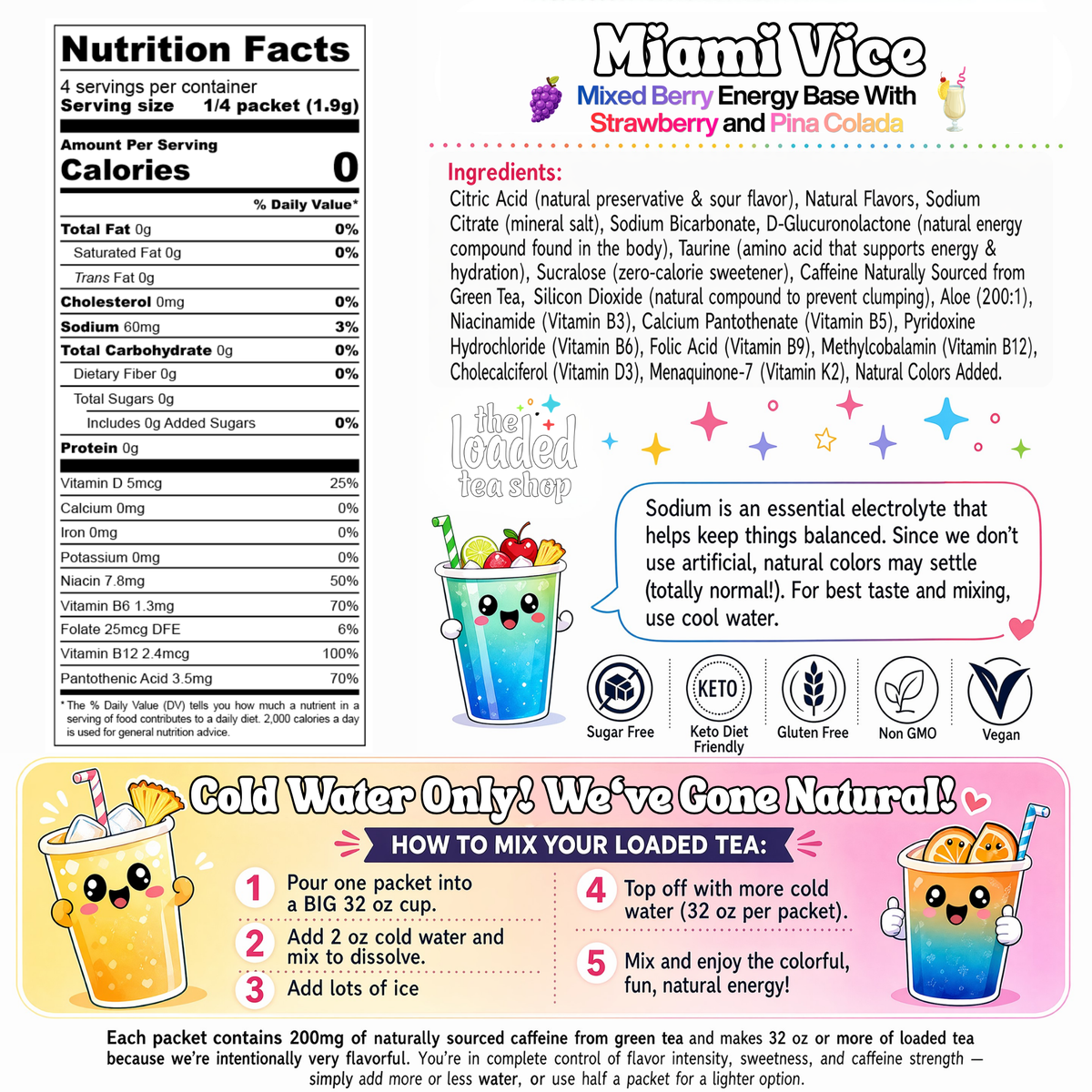 Miami Vice loaded tea nutrition facts, ingredients, caffeine content and preparation instructions