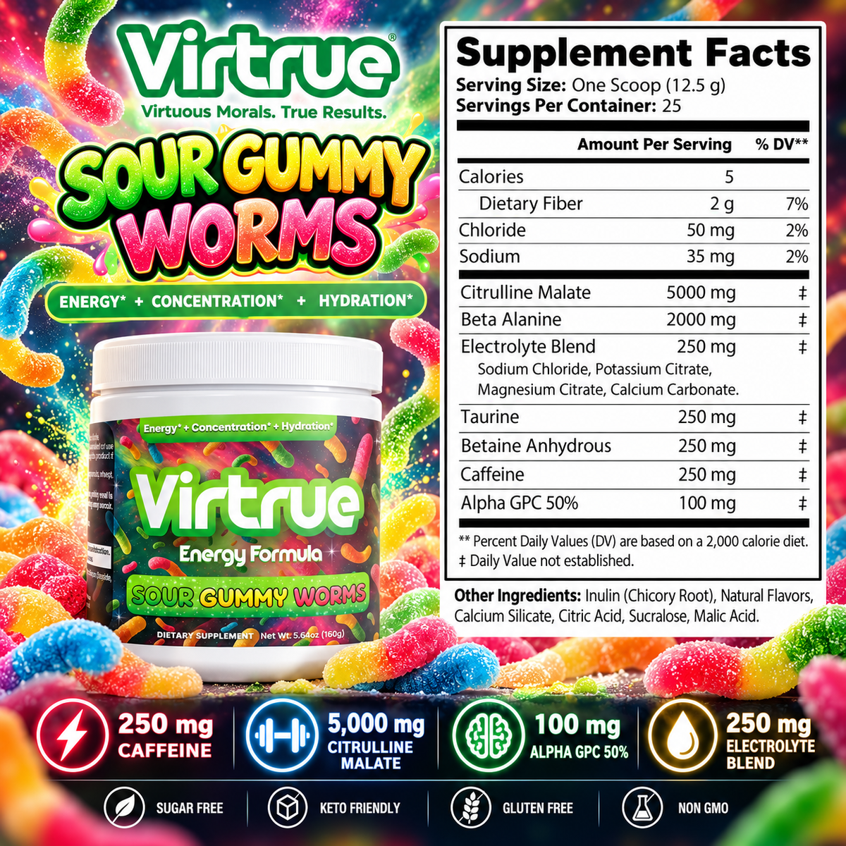 Sour Gummy Worms Pre-Workout Energy Powder + Focus Boost & Hydration | Sugar Free