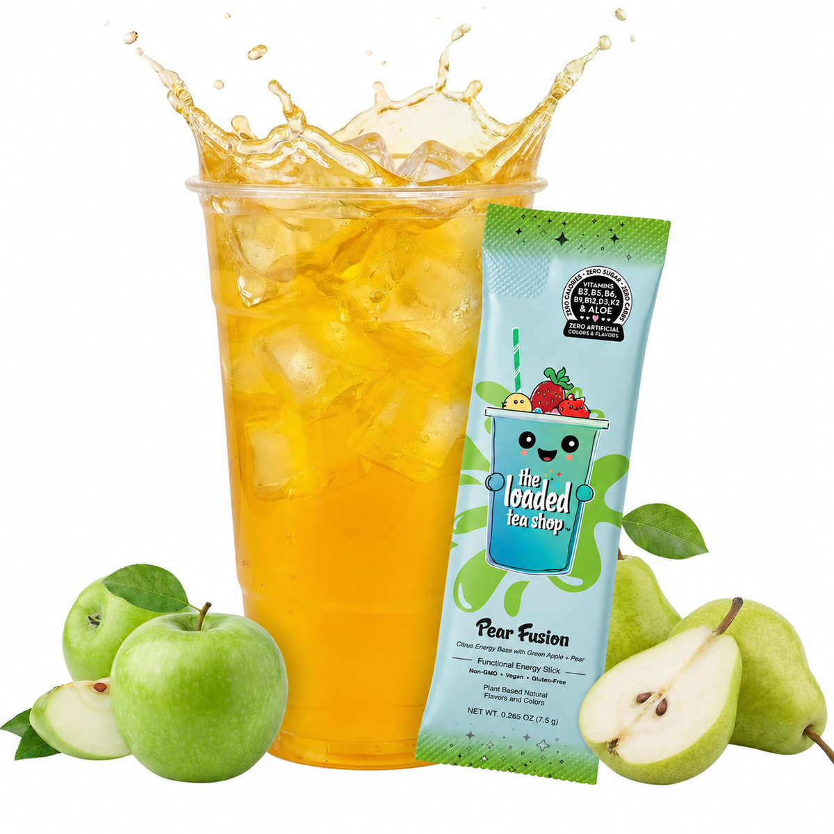 Loaded Tea Shop Pear Fusion energy drink mix packet with iced orange tea, green apples and pears